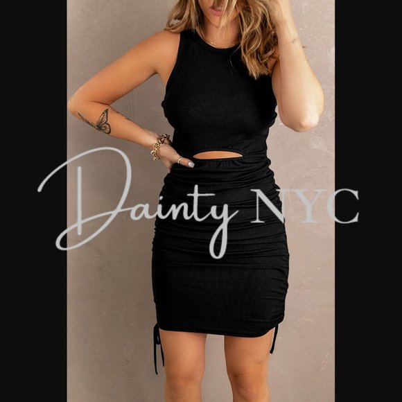 Ruched Drawstring Bodycon Mini Dress BLACK - Picture 5 of 9